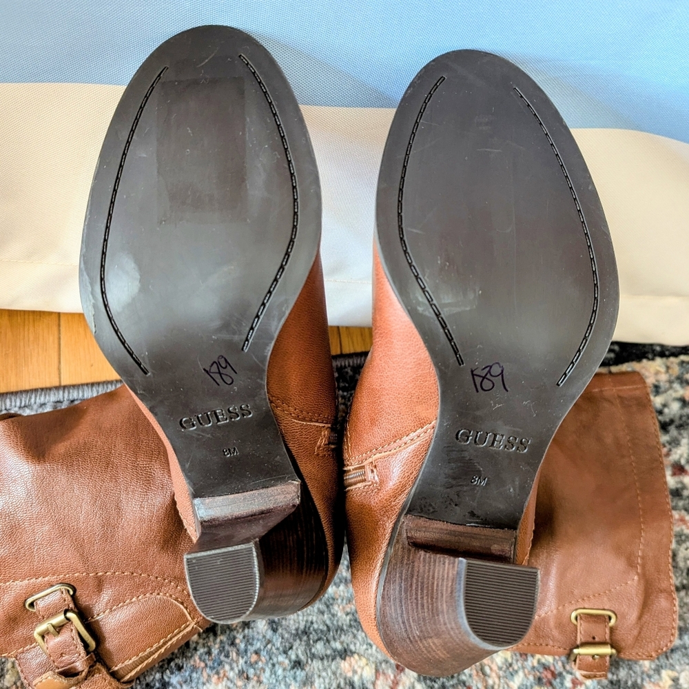 Guess Magy Brown Leather Scrunch Boots Buckled Heeled Western Rustic Fall Y2K 8 - Picture 7 of 11